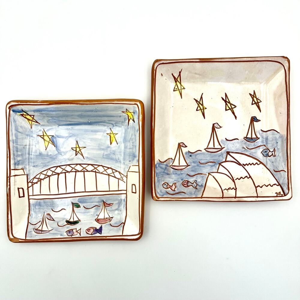 Vintage JOS Hand Painted Pottery Trays Set 2 Nautical Sailboat Coastal Folk Art
